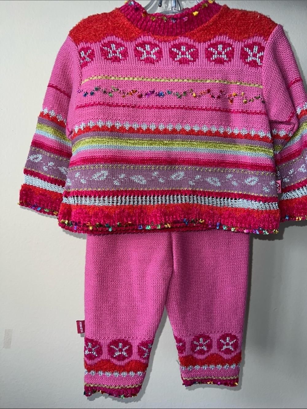 Vintage Kids Girls Pink Knit Sweater Set with Multi-Color Fair Isle Detail 12M